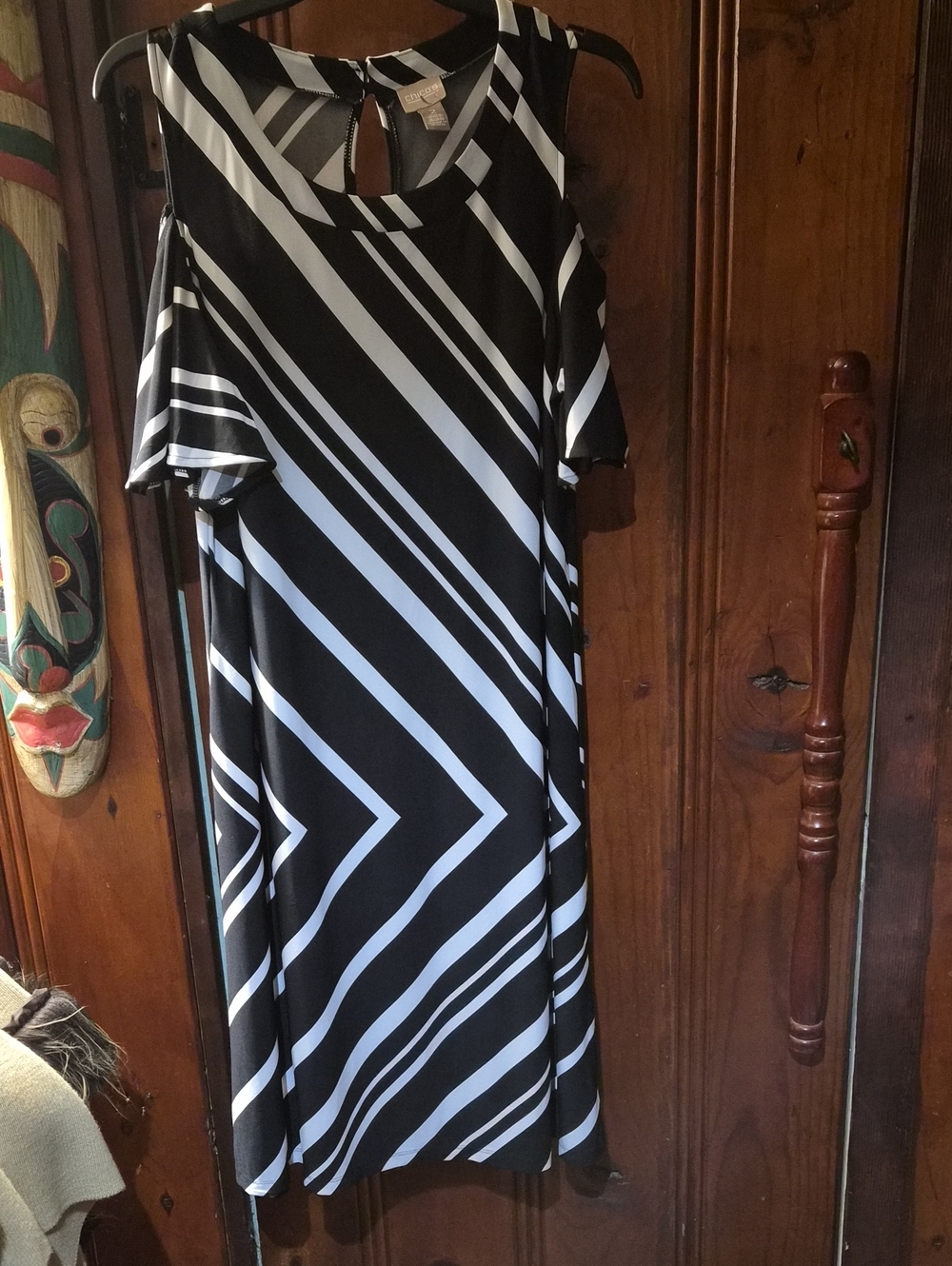 Chico's Black & White Striped Cold-Shoulder Midi Dress